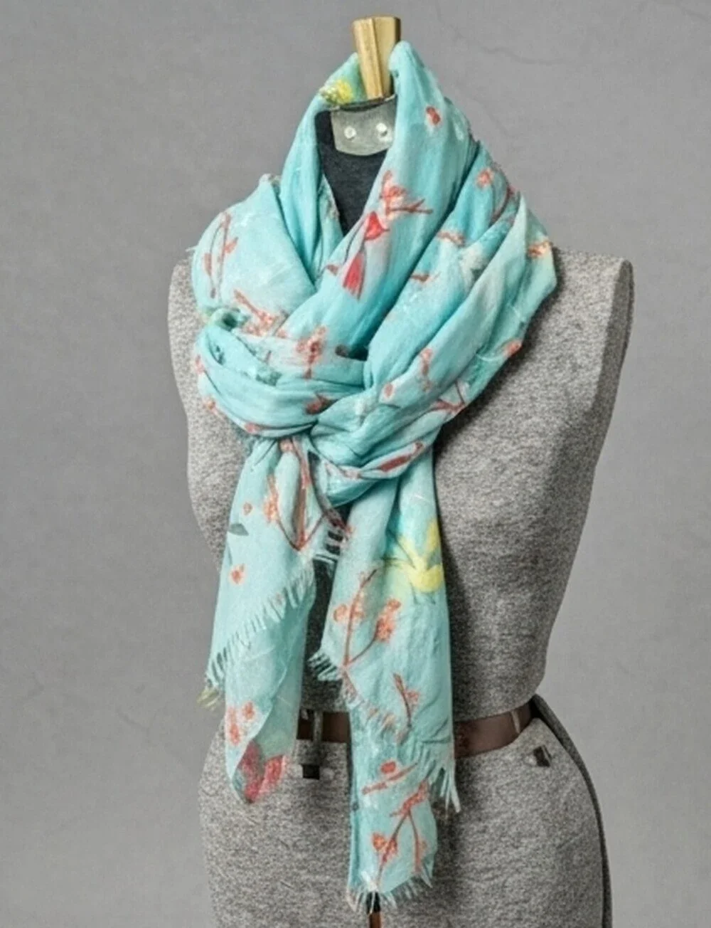 Vintage Style Turquoise Bird & Cherry Blossom Oversized Shawl Scarf Wrap 40